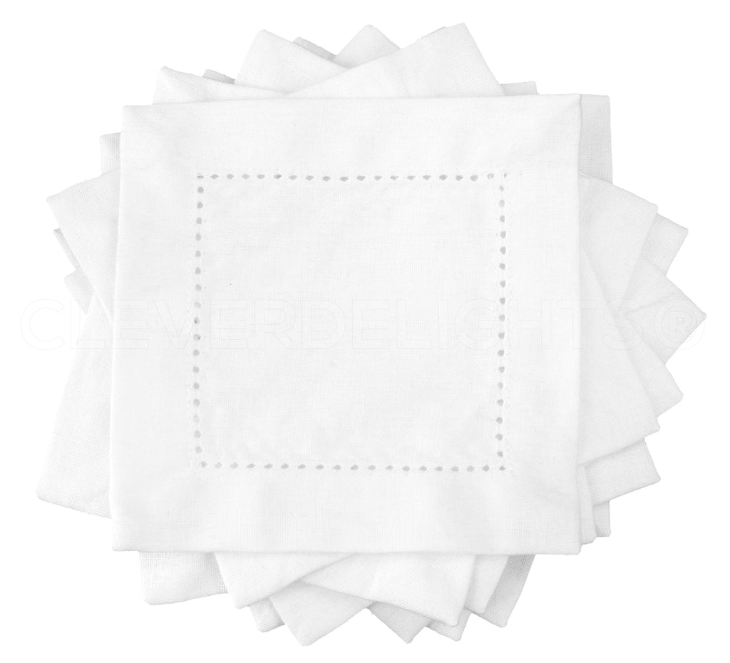 6" Heavyweight Hemstitch Cocktail Napkins - 70% Cotton / 30% Linen - White