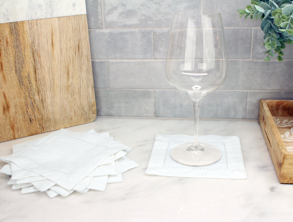 6" Heavyweight Hemstitch Cocktail Napkins - 100% Cotton - White