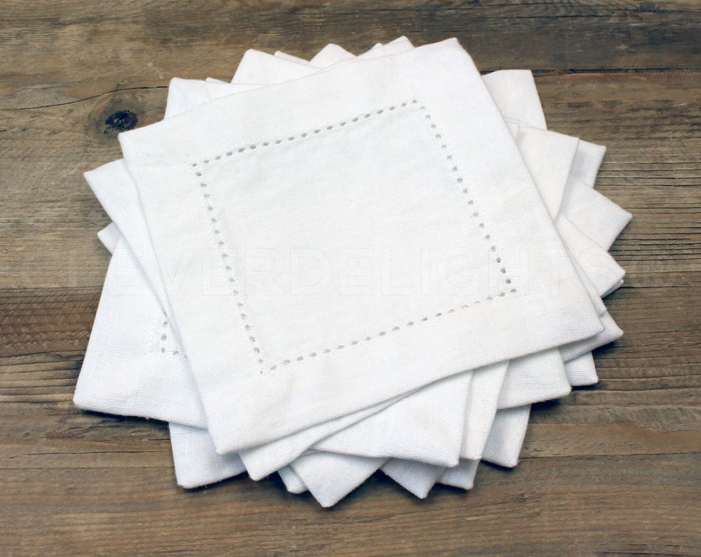 6" Heavyweight Hemstitch Cocktail Napkins - 100% Cotton - White