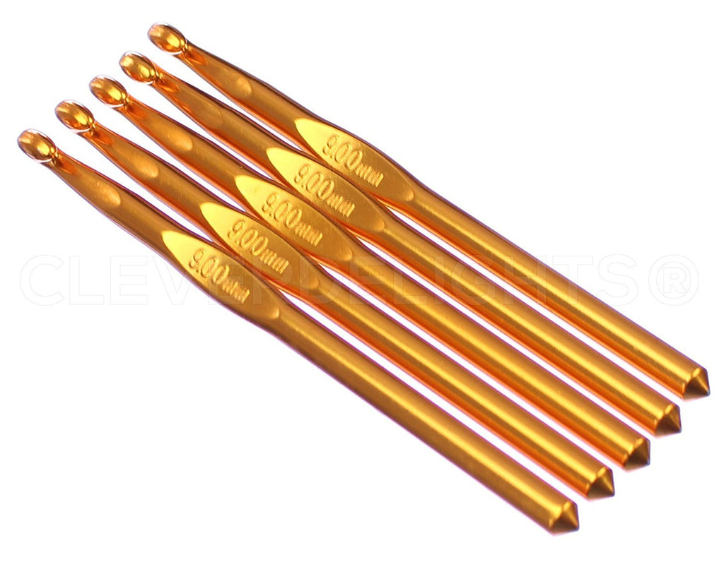 5 Pack - CleverDelights Size N (Size 13) Aluminum Crochet Hooks - 6 Length - 9mm Diameter - Knitting