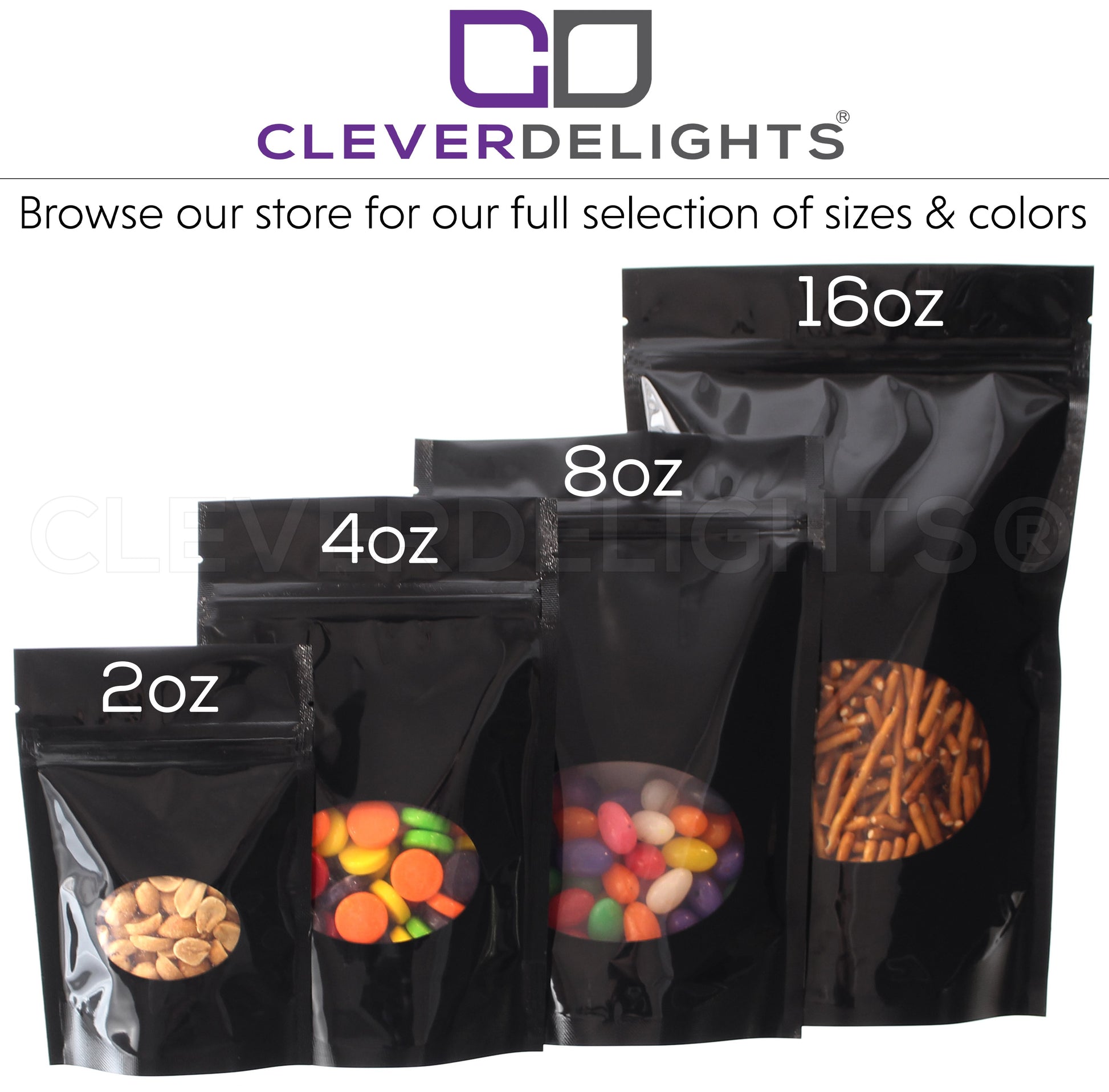 Glossy Black Stand-Up Window Pouches - 8oz - 6" x 9" x 3"