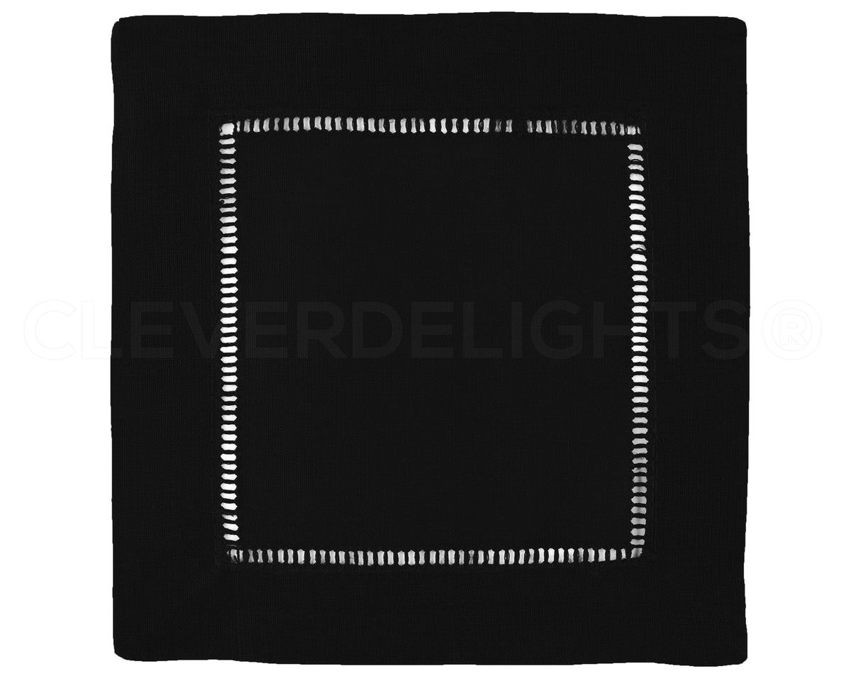 6" Hemstitch Cocktail Napkins - 100% Linen - Black