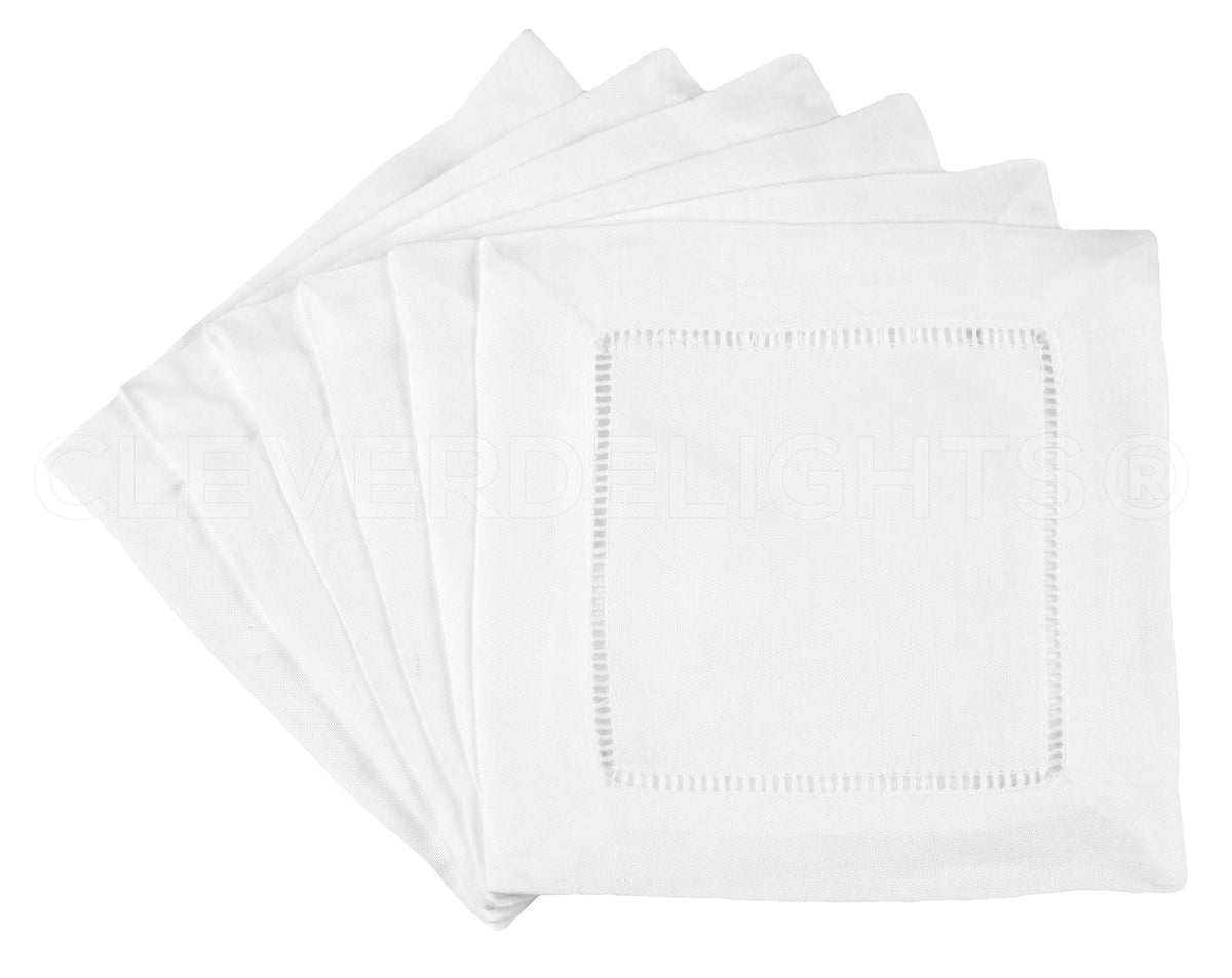 6" Hemstitch Cocktail Napkins - 100% Cotton - White