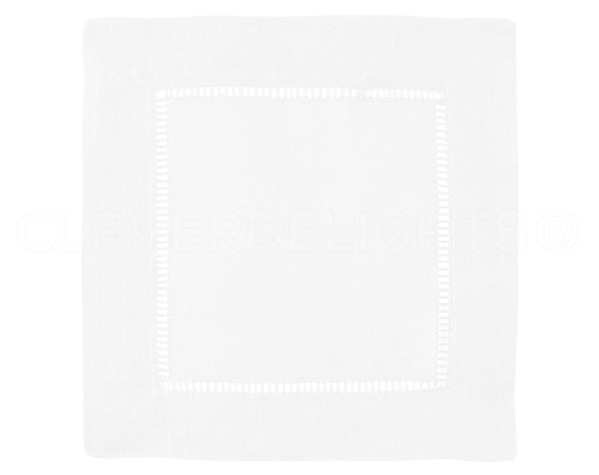 6" Hemstitch Cocktail Napkins - 100% Linen - White