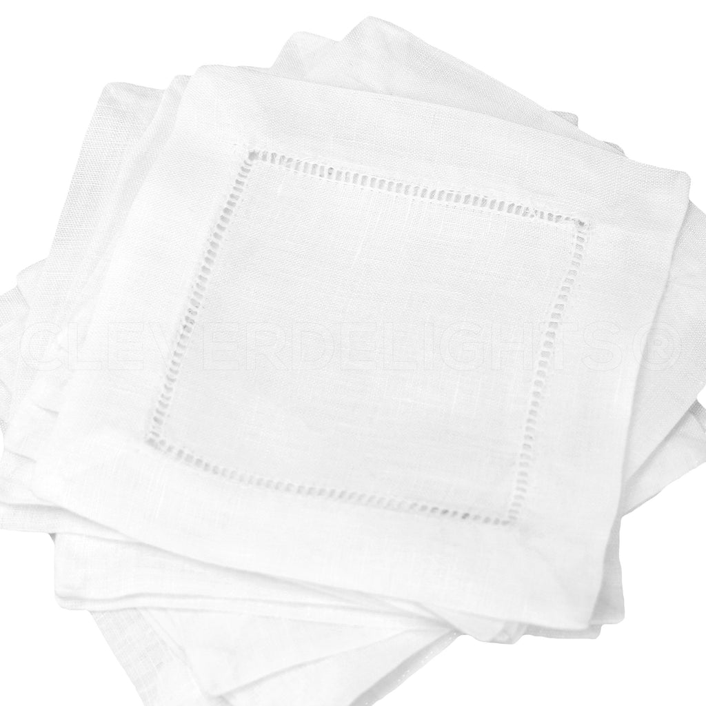 6" Hemstitch Cocktail Napkins - 100% Cotton - White