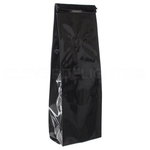 Glossy Black Coffee Bags with Degassing Valve - 1 Pound (16oz)