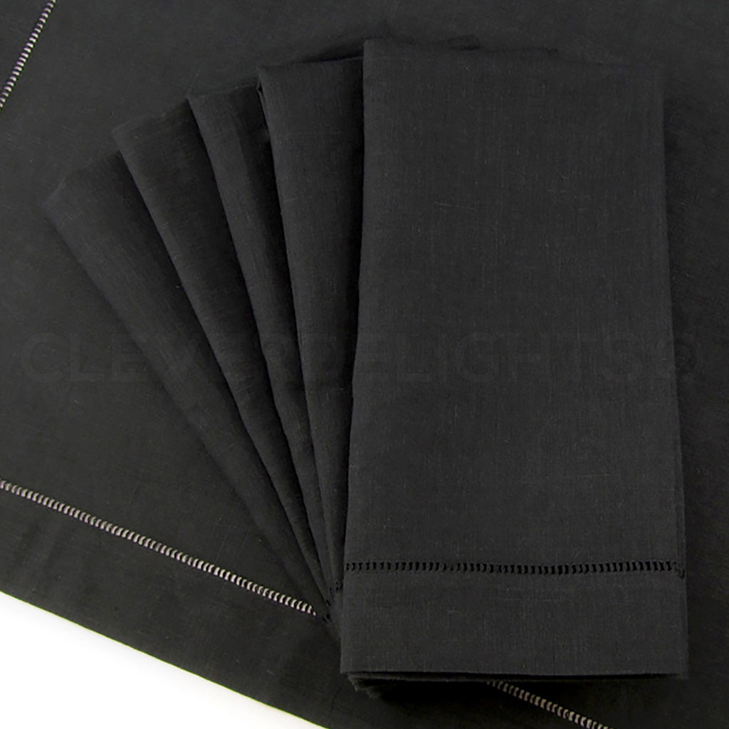 White Pure Linen Napkin with Contrast Black Hemstitch