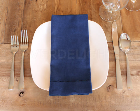 CleverDelights 20 Hemstitch Dinner Napkins - Linen/Cotton - Navy